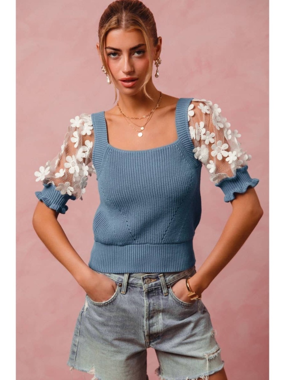SM222 | Floral Lace Puff Sleeve Square Neck Knit Sweater